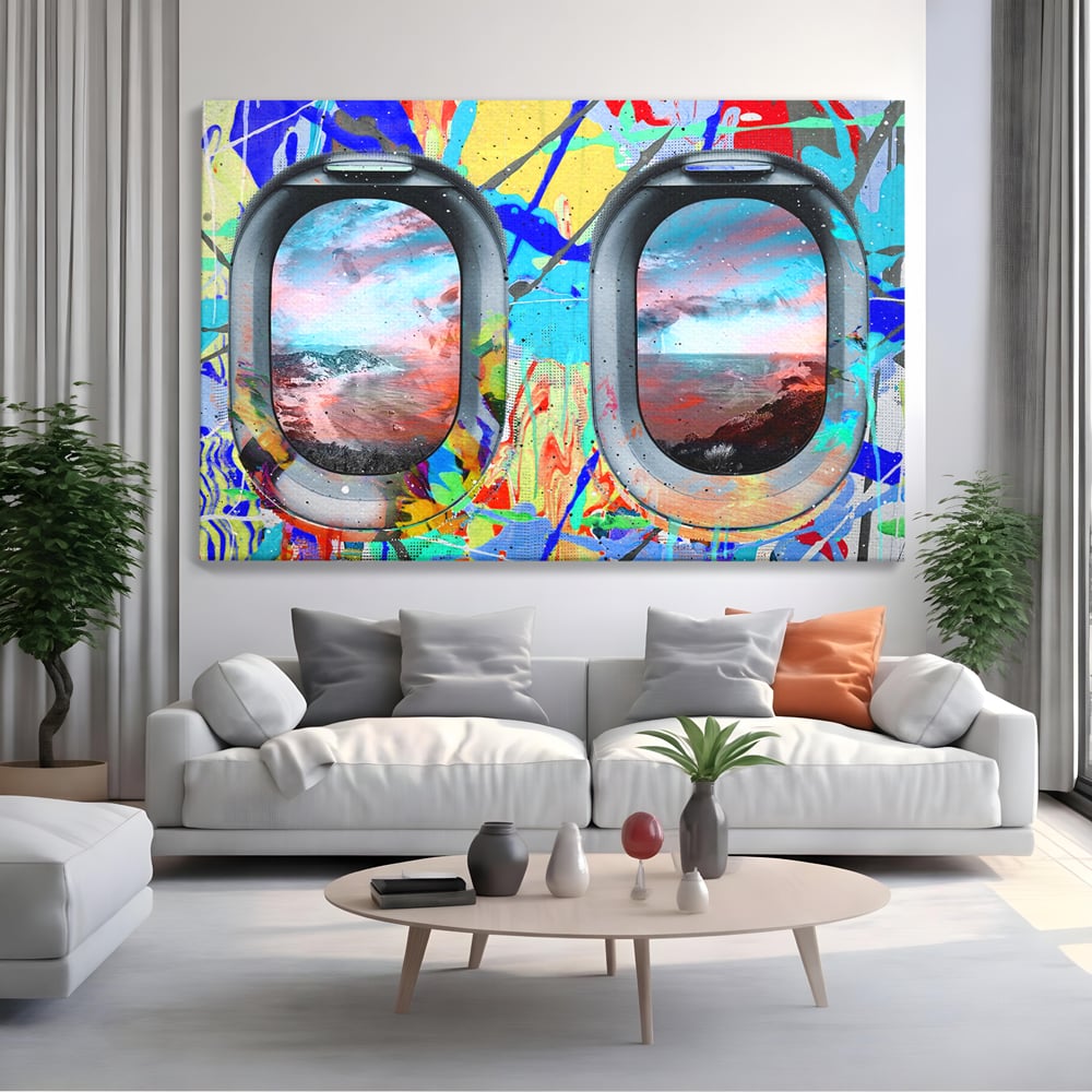 Tablou canvas cu tablou canvas cu ferestre de avion si graffiti, fara rama, pe sasiu de lemn, pe perete intr-un living
